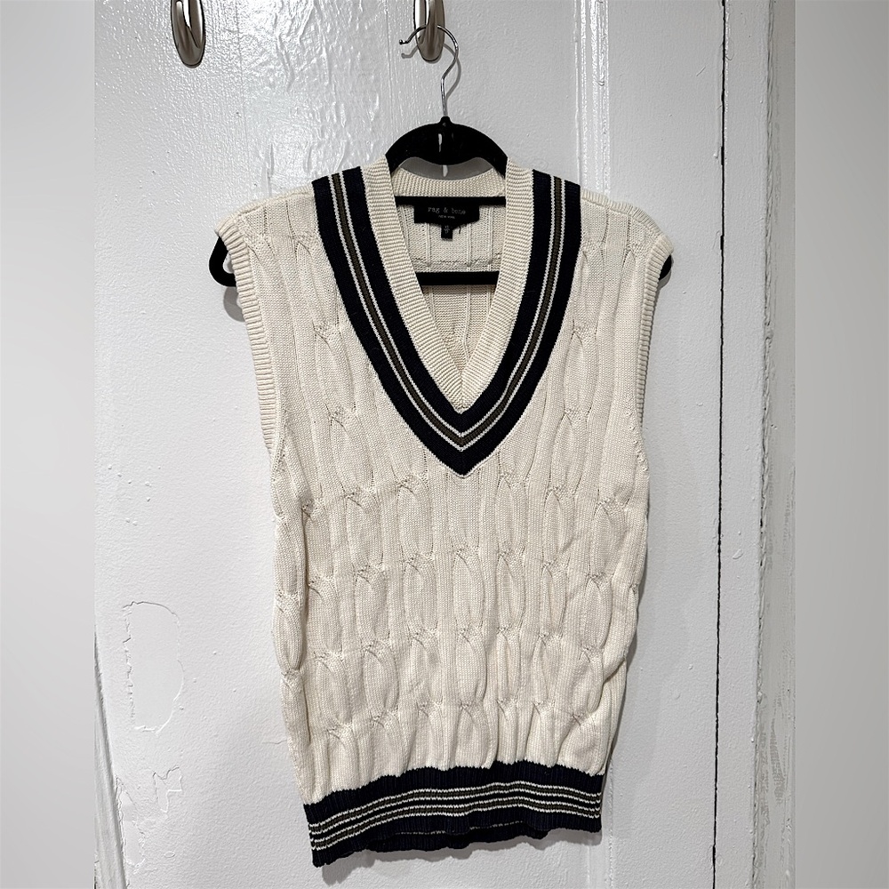Rag & Bone Cream Cable Knit Cotton V-neck Sweater Vest